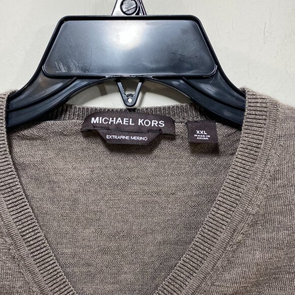 Michael Kors Extrafine Merino Soft Sweater XXL Taupe Tan Brown V-Neck Academia - Picture 4 of 8
